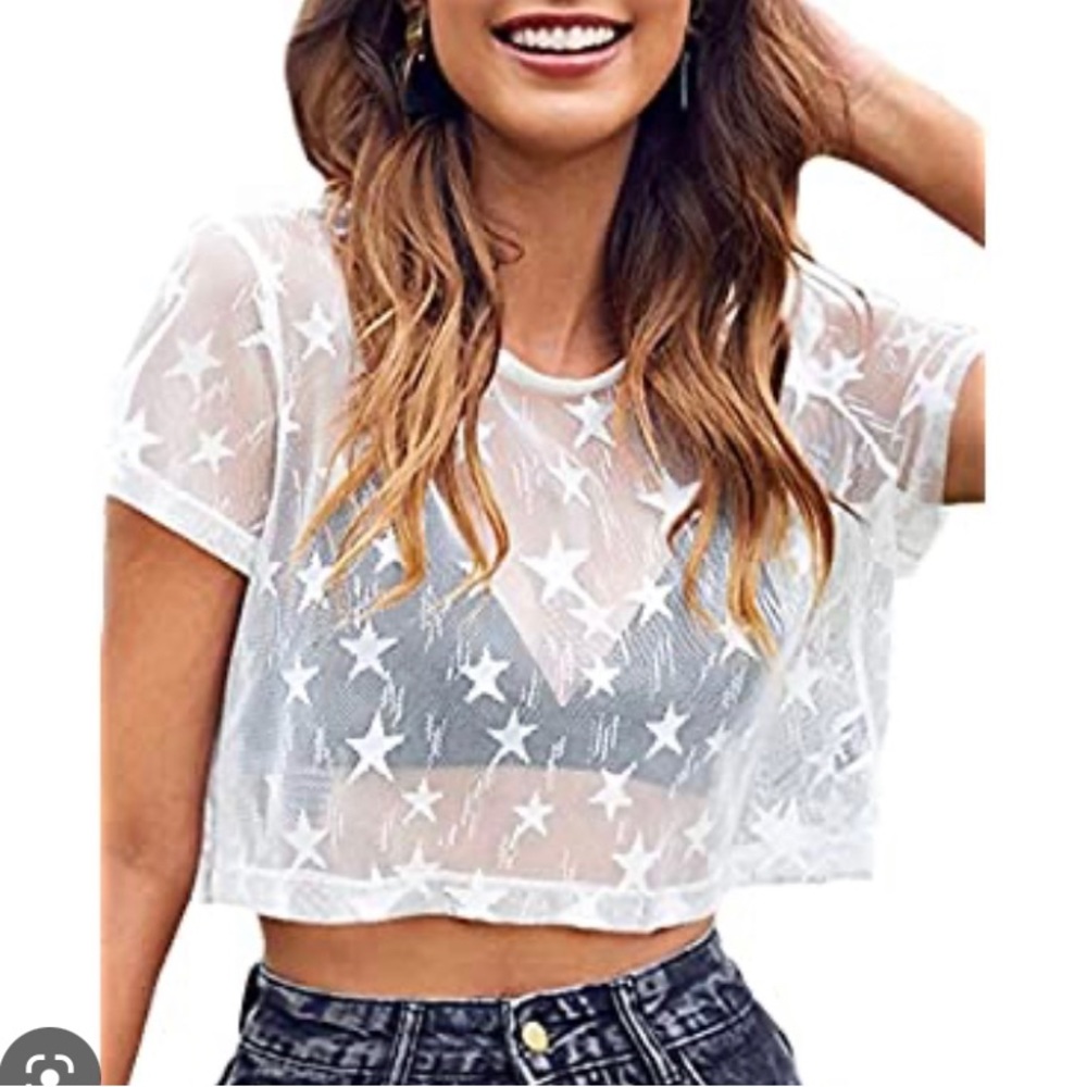 White mesh stars scoop neck top